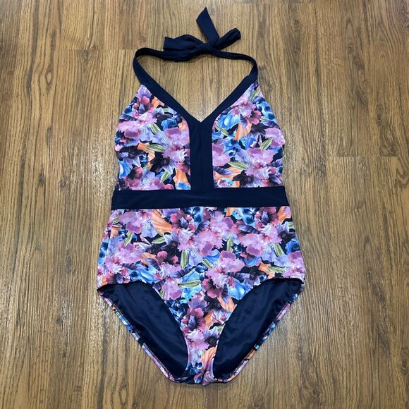 Lands End Swimsuit Womens 10 Long Watercolor Floral Stretch Padded Beach Navy - Picture 1 of 8